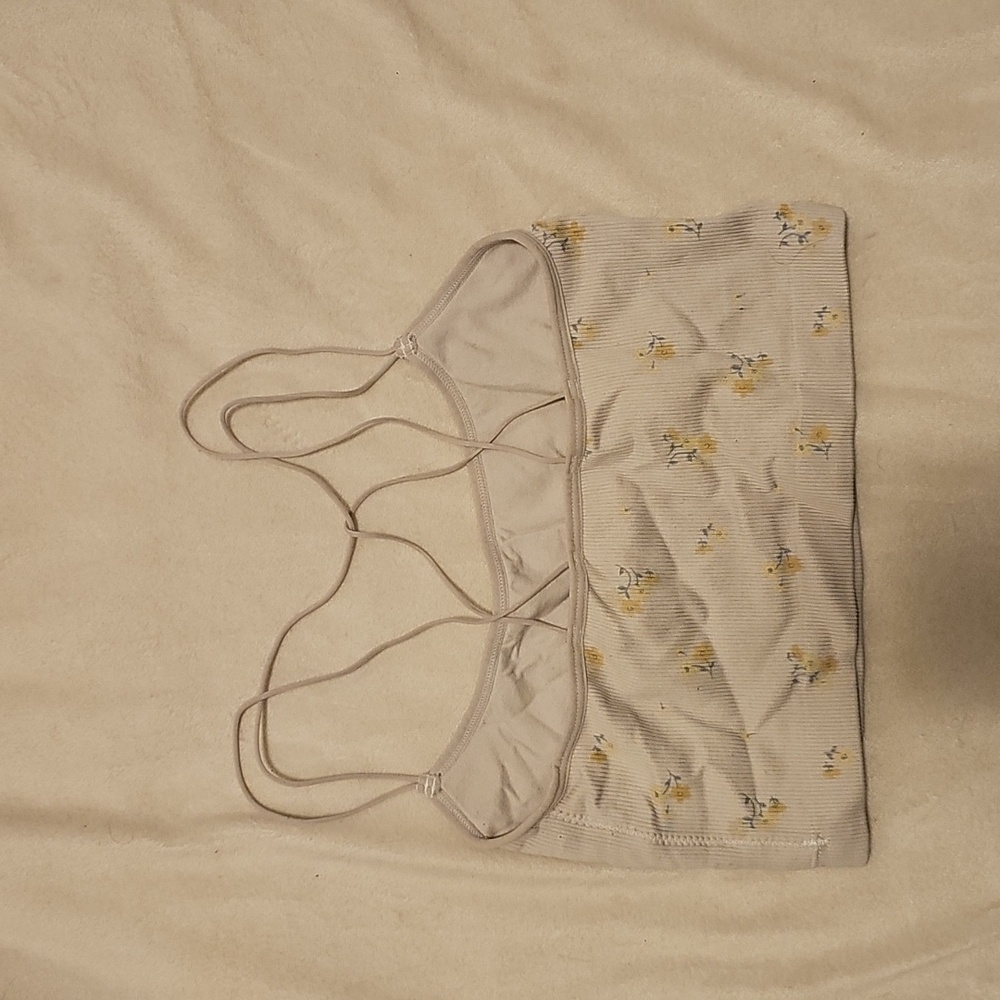 White Ribbed Crop Top With Yellow Flowers - Picture 2 of 3
